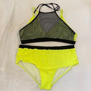 Neon Yellow Black Mesh Plus Size Bikini